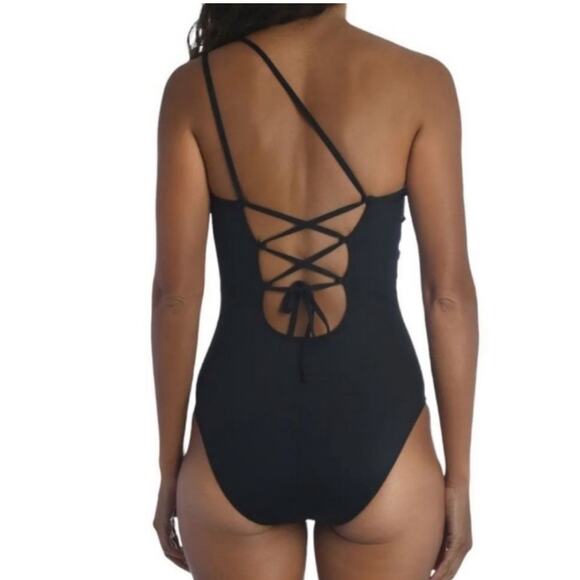 La Blanca Swimsuit Size 8 Black Goddess One Shoulder Strappy Back NWT Swim Beach - Picture 2 of 16